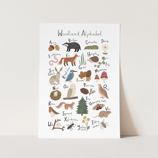 Kid Of The Village Woodland Alphabet Fine Art Print - White