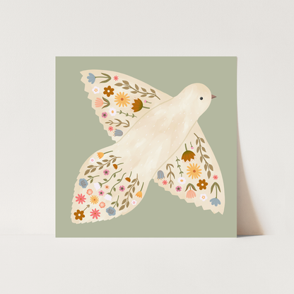 Kid Of The Village Floral Dove Fine Art Print - Sage