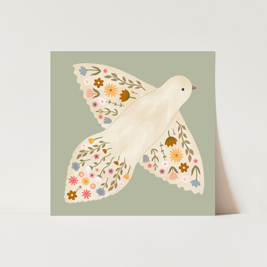 Kid Of The Village Floral Dove Fine Art Print - Sage