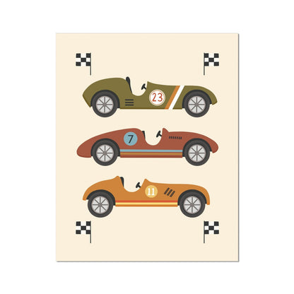 Kid Of The Village Race Cars Fine Art Print - Green, Brown, Orange