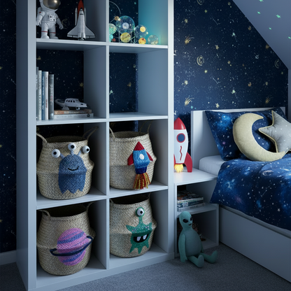 Children's room with space-themed decor, including a bookshelf with toys and a bed with star-patterned bedding.