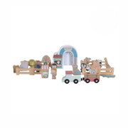 Wooden Little Dutch Railway Train Extension Set featuring zoo animals, ticket counter, entrance gate, maintenance wagon, trailer, and ice cream stand for imaginative train track play.