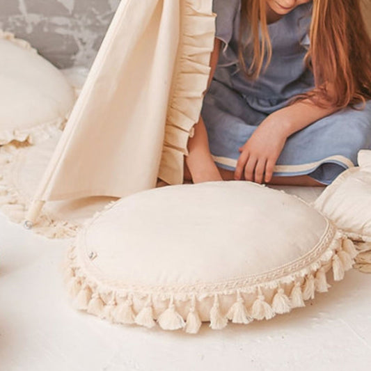 MiniCamp Round Throw Pillow With Tassels - Ecru