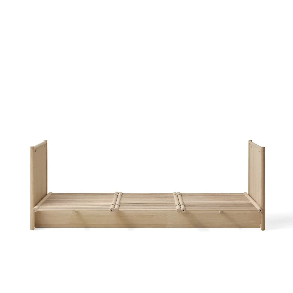 A light natural wood bed frame with a slatted base and upright side rails, shown from the front on a plain white background.
