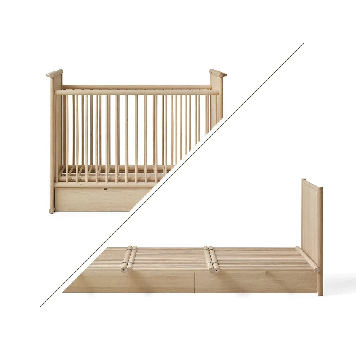 Natural wood baby crib shown in two views on a white background: one full crib view and one side view showing the base and footboard.