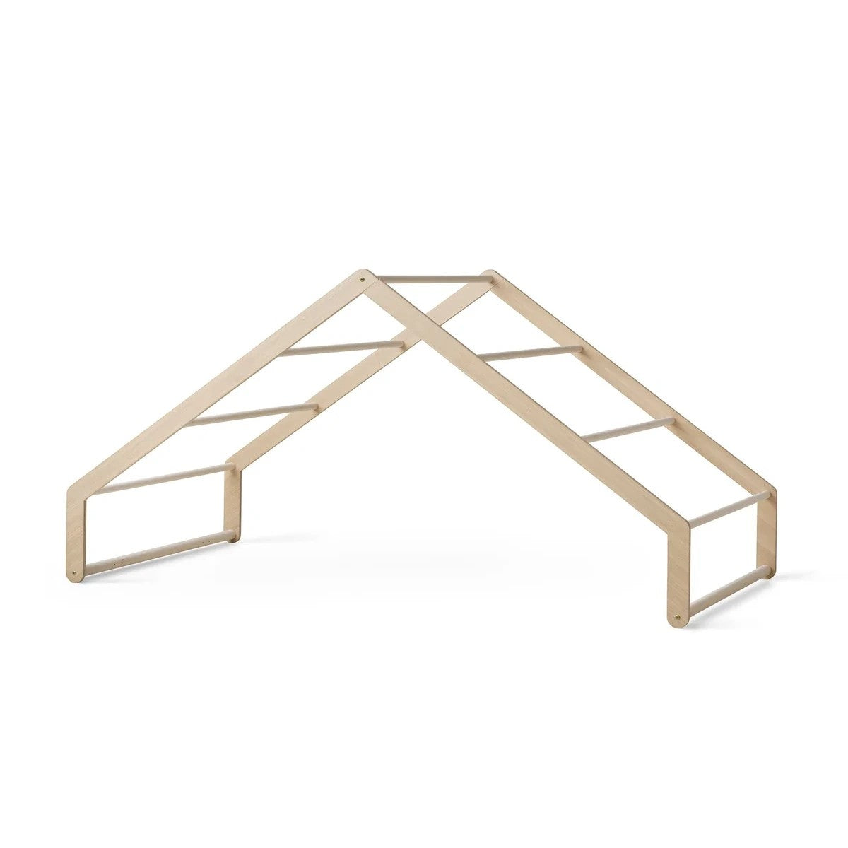 A minimalist wooden bed roof with a natural light wood finish, designed in a house-shape arch.