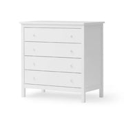 White Oliver Furniture Seaside 4 drawer dresser with soft-close drawers, porcelain handles, and Scandinavian design perfect for bedrooms and nurseries.