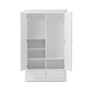 White double wardrobe with soft-close doors, internal shelves, hanging rail, and two storage drawers designed for children's bedrooms and modern home storage.