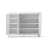 White Scandinavian 3-door wooden sideboard cupboard with soft-close doors, adjustable shelving, hanging rail, and leather handles by Oliver Furniture.