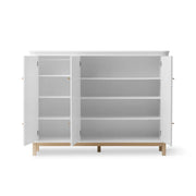 White and oak Scandinavian-designed three-door cupboard with soft-close doors, interior hanging rail, adjustable shelves, and leather handle loops by Oliver Furniture Wood Multi Cupboard.