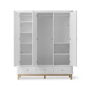 White oak triple wardrobe with soft-close drawers, hanging rails, adjustable shelves, and integrated oak hooks perfect for nurseries, children's rooms, or bedrooms.