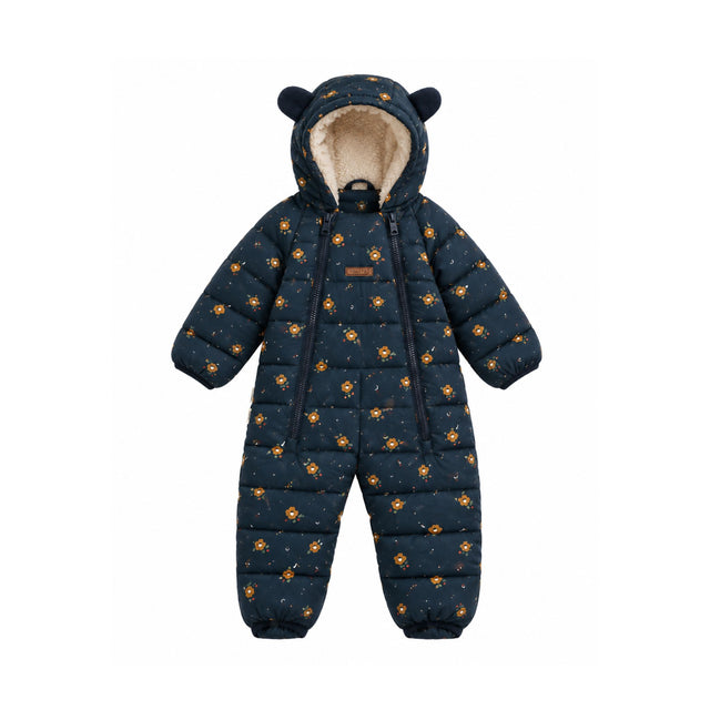 A navy blue children's puffer snowsuit with a yellow and orange floral pattern, featuring a hood with bear ears, a cream fleece lining, and a front zipper, shown against a plain white background.