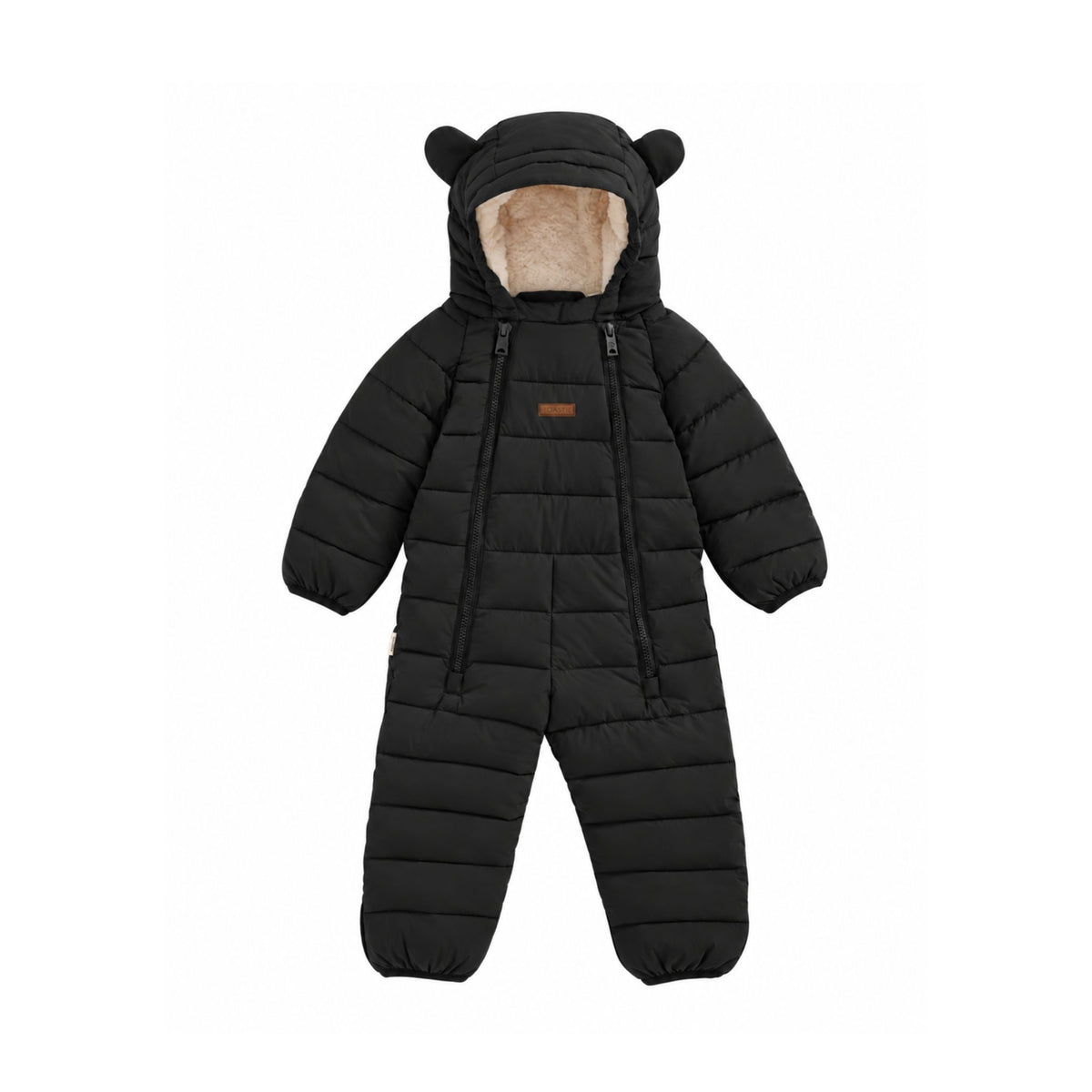 A black children's puffer snowsuit with a hood featuring bear ears, a beige fleece lining, and a small brown brand patch on the chest, shown against a plain white background.