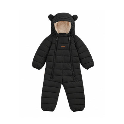 A black children's puffer snowsuit with a hood featuring bear ears, a beige fleece lining, and a small brown brand patch on the chest, shown against a plain white background.