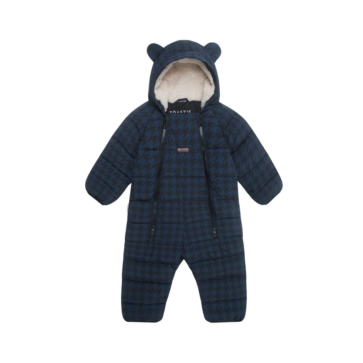 A navy blue and black houndstooth patterned baby snowsuit with a plush cream fleece lining inside the bear-ear hood, shown on a plain white background.
