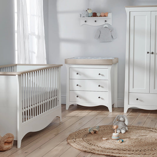 CuddleCo Clara 3 Piece Nursery Furniture Set (Cot Bed, Wardrobe & Dresser) - White & Ash