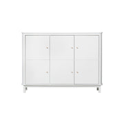 Oliver Furniture Wood Multi Cupboard 3-door white Scandinavian sideboard with soft-close hinges, leather handles, hanging rail, and adjustable shelves for organized storage.
