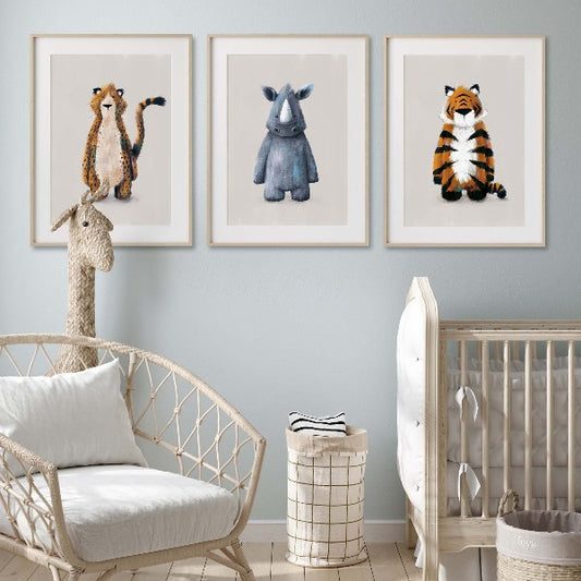 Tigercub Prints Neutral Jungle Safari Animal Nursery Prints (Set of 3)