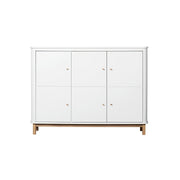 Oliver Furniture Wood Multi Cupboard 3-door white and oak Scandinavian sideboard with soft-close doors, leather handles, hanging rail, and adjustable shelves for children's storage.