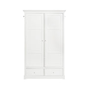 White classic double wardrobe with panelled doors, soft-close hinges, hanging rail, two storage drawers, and adjustable shelves from Oliver Furniture Seaside collection.