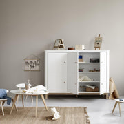 # Alt Text  Oliver Furniture Wood Multi Cupboard white and oak 3-door Scandi-designed sideboard with soft-close doors, hanging rail, adjustable shelves, and leather handle pulls for modern children's storage.