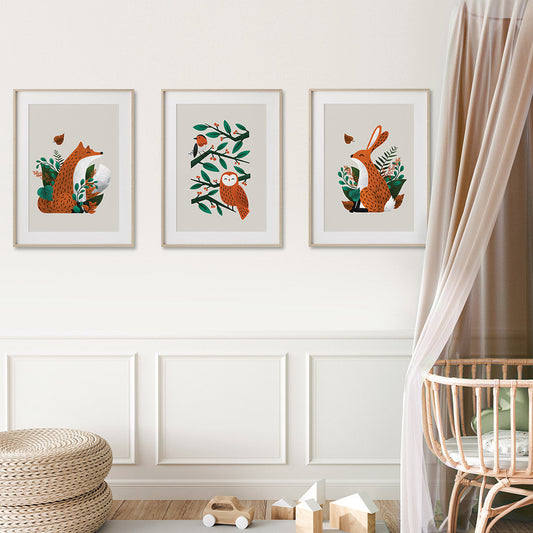 Tigercub Prints Woodland Friends - Fox, Owl and Hare Neutral Scandi Nursery Prints