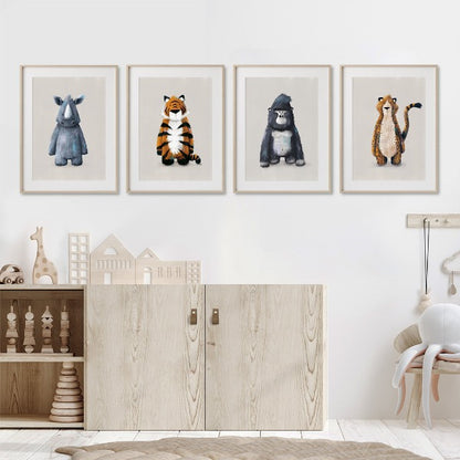 Tigercub Prints Neutral Jungle Safari Animal Nursery Prints (Set of 4)