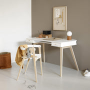 Oliver Furniture height-adjustable children's wooden desk chair in white and oak with rounded back, featuring two seat height settings of 40-44cm, perfect for kids' bedrooms and study spaces.