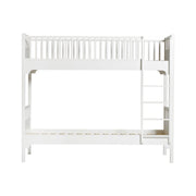 White Oliver Furniture Seaside Classic Bunk Bed with vertical ladder, featuring Nordic design solid engineered wood construction and convertible frame for growing children.