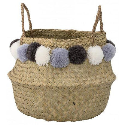 Bloomingville Seagrass Basket in Natural with Blue and White Pom Poms - Scandibørn