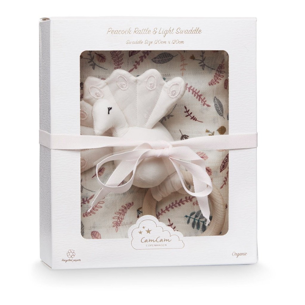 Cam Cam Swaddle and Peacock Rattle Gift Box in Pressed Leaves Rose - Scandibørn