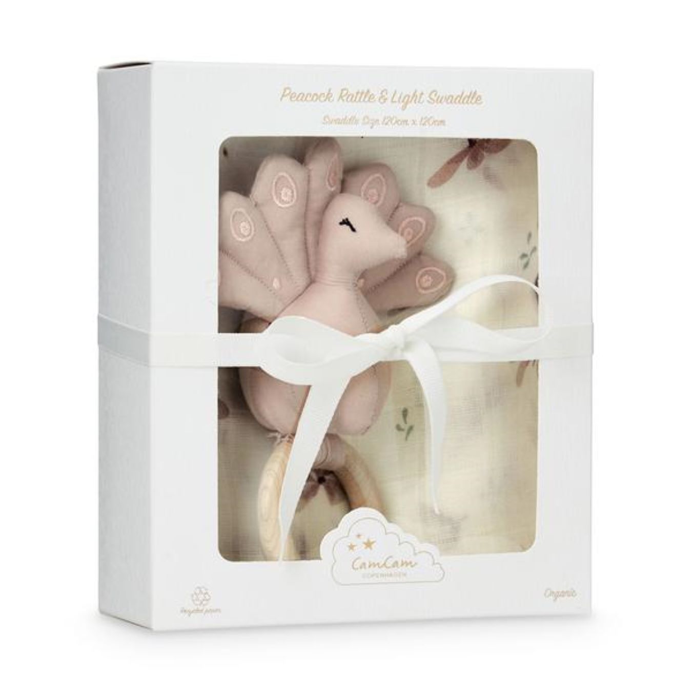 Cam Cam Swaddle and Peacock Rattle Gift Box in Windflower Creme - Scandibørn