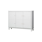 White scandinavian-designed 3-door wooden cupboard with soft-close doors, leather handles, and adjustable shelving for children's storage.