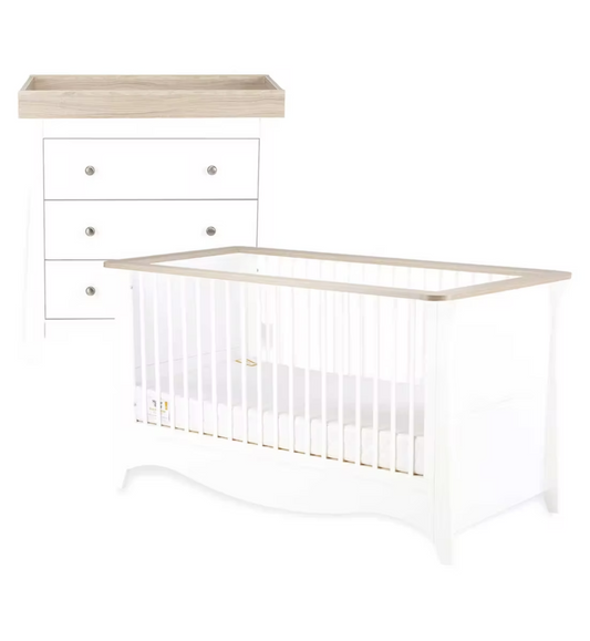 CuddleCo Clara 2 Piece Nursery Furniture Set (Cot Bed & Dresser) - White & Ash