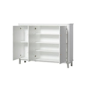 White Oliver Furniture Wood Multi Cupboard with 3 soft-close doors, hanging rail, adjustable shelves, and leather handles for Scandinavian-style nursery and bedroom storage.