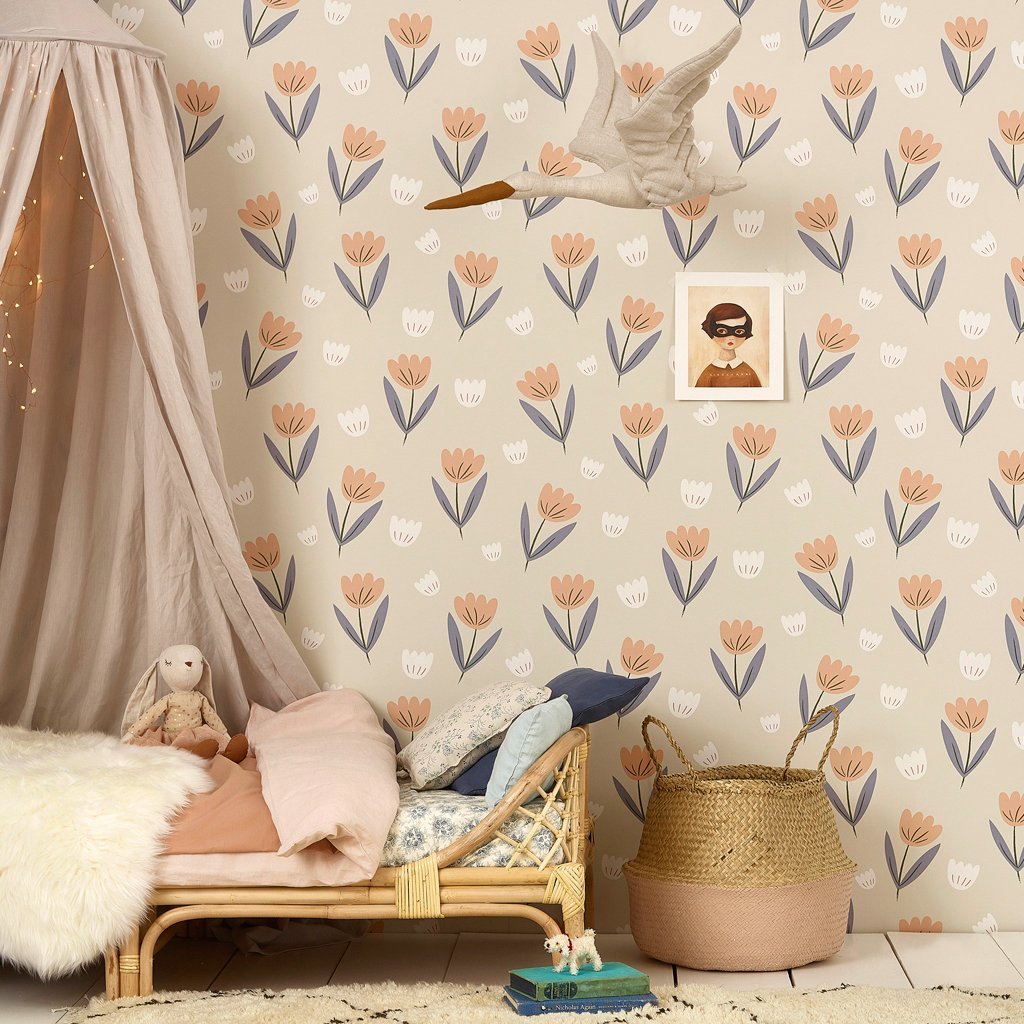 Hibou Home - Fleur wallpaper in Peach/Dusky Blue - Scandibørn