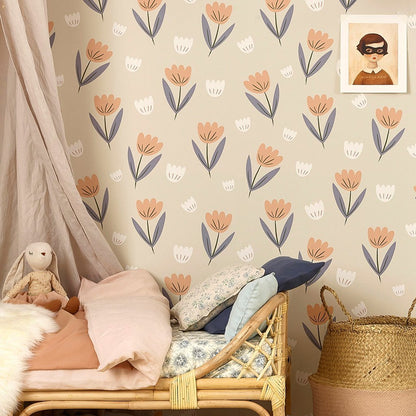 Hibou Home - Fleur wallpaper in Peach/Dusky Blue - Scandibørn
