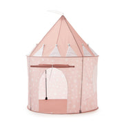 Pink princess castle play tent for kids featuring a star pattern, white decorative bunting, a conical roof with a flag, and an arched door opening, set against a white background.