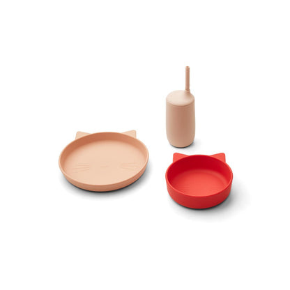 Liewood Nathan Tableware Set in Cat Apple Red Multi Mix - Scandibørn
