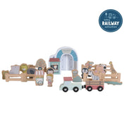 Little Dutch Railway Collection wooden zoo train extension set featuring animals, ticket counter, maintenance wagon, and ice cream stand designed to connect to existing train tracks for imaginative play.