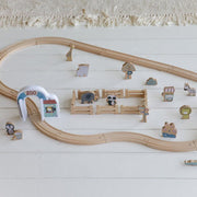 Wooden zoo train set extension featuring animals, ticket counter, ice cream stand, and maintenance wagon designed for Little Dutch railway track systems.
