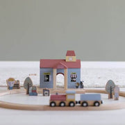 Wooden zoo train extension set featuring a ticket booth, maintenance wagon, ice cream stand, and colorful animal figurines designed for Little Dutch railway track systems.