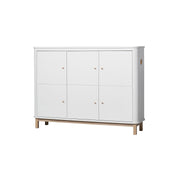 White and oak Scandinavian-designed 3-door cupboard with soft-close function, leather handles, hanging rail, and adjustable shelves, ideal for children's storage.