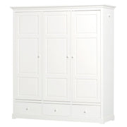 White three-door wardrobe with drawers from Oliver Furniture Seaside Collection, featuring soft-close hinges, adjustable shelving, and hanging space for bedroom storage.