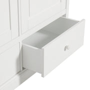 White three-door wardrobe with drawers from Oliver Furniture Seaside Collection, featuring soft-close hinges, moveable shelves, hanging sections, and side hanger for organized children's bedroom storage.
