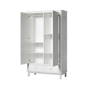 Oliver Furniture Wood Double Wardrobe in white with open doors displaying interior shelving, hanging rail, and two soft-close storage drawers, featuring Nordic design and rounded corners.