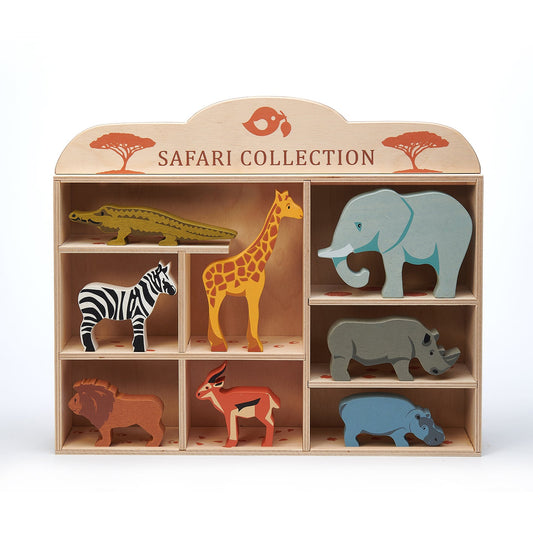 Tender Leaf Toys 8 Safari Animals Wooden Set / Shelf