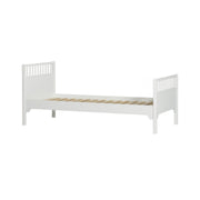 White Nordic design single bed with vertical slatted headboard and footboard, featuring natural wood slats and sturdy legs, ideal for children's bedrooms.