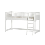 White Nordic-style Oliver Furniture Seaside Classic Low Loft Bed with ladder and open storage space underneath, designed for children ages 6+ with dimensions 207x97x131cm.